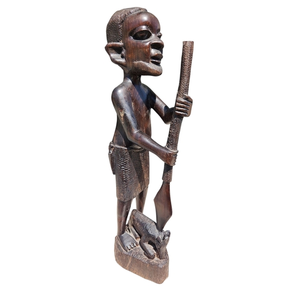 African Wooden Tribal Man Sculpture Figurine With Spear & Boar 15"x4.5"x4" - Picture 2 of 6